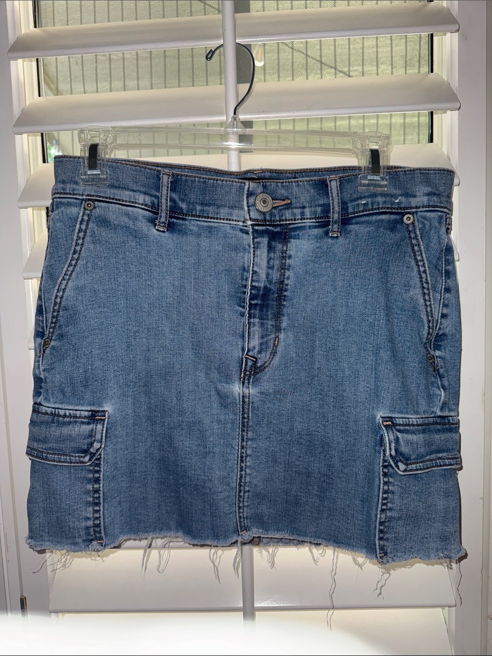 Express Light Blue Denim Mini Skirt with Cargo Pockets